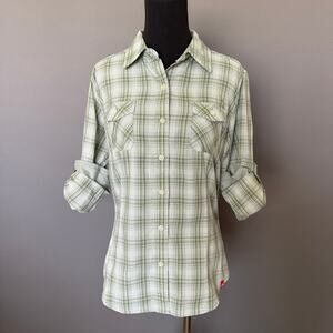 Womens North Face Embroidered button up - Size M Green Plaid hiking Boho Camping